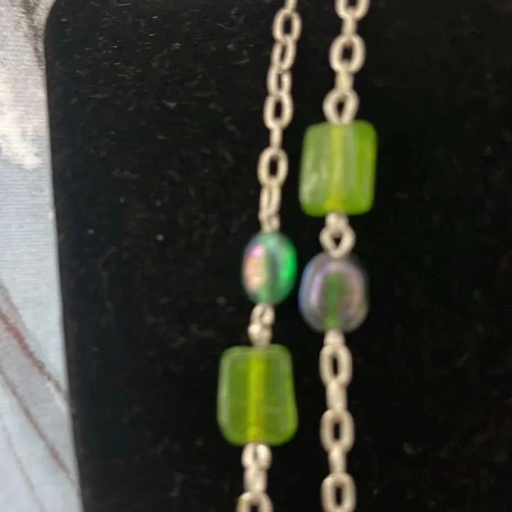 Beaded long necklace glass green silver link chain boho casual